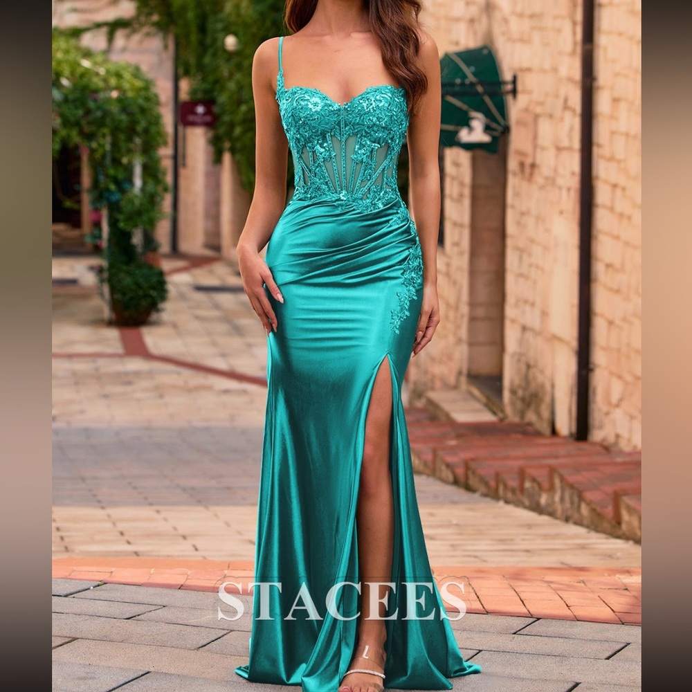 New with tags!! Stacees Elegant Teal satin Corset Dress Formal Gown